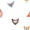 Vector seamless pattern with nice cute watercolor chicken hen bird in rural rustic country style