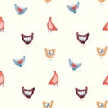 Vector seamless pattern with nice cute watercolor chicken hen bird in rural rustic country style