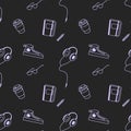 Vector seamless pattern with notepad and pencil, sneakers, headphones, glasses, elements for walking in doodle style on Royalty Free Stock Photo