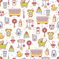 Vector seamless pattern. Nursery and kids care illustration. Baby toys and clothes line art style background