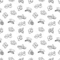 Vector seamless pattern, NUTS, different nuts, black and white outline illustration.