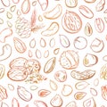 Vector seamless pattern Nuts and seeds. Hand drawn elements with brown gradient outline on white.