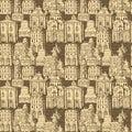 seamless pattern with old hand drawn houses in retro style