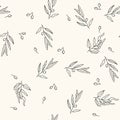 Vector seamless pattern with olive tree branches and olives in doodle style. Hand drawn liner olives background. Floral Royalty Free Stock Photo
