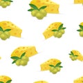 Vector seamless pattern of olives with leaves and cheese on a white background. For printing on fabrics, packaging