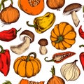 Vector seamless pattern of onions, mushrooms, pumpkins, peppers. Hand drawn vector illustration