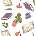 Vector seamless pattern with open and closed books with a cup of coffee and plants. Decor for packaging, wallpaper and textile. Royalty Free Stock Photo