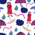 Vector seamless pattern, open umbrellas, pink earthwurms, blue clouds and thankfull person in red coat with hands as a Royalty Free Stock Photo