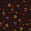 Vector seamless pattern with orange, blueberry, strawberry and cherry jams