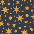 Vector seamless pattern with orange origami stars on dark grey background. Fun ditsy star print, constellations and