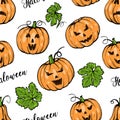 Vector seamless pattern, orange pumpkin different shapes for Halloween with green leaves