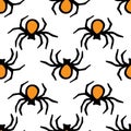 vector seamless pattern of orange spiders with a black outline is drawn in doodle style on a white background. spider Royalty Free Stock Photo