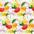 Vector seamless pattern of an organic mango fruit drink. ripe mango fruits with splash of bright fresh mango juice background. eco Royalty Free Stock Photo