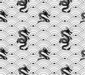 Vector Seamless Pattern, Oriental Waves and Dragons.