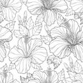 Vector seamless pattern with ornate Chinese Hibiscus flower, bud and leaves on the white background. Monochrome floral