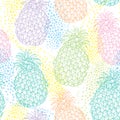 Vector seamless pattern with outline Ananas or Pineapple in pastel color and dots on the white background. Fruit pattern. Royalty Free Stock Photo