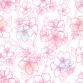 Vector seamless pattern with outline blooming Apricot flower bunch, branch and ornate leaves in pastel pink on white background.