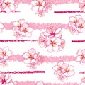 Vector seamless pattern with outline blooming Apricot flower bunch and horizontal pink stripes the white background.