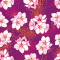 Vector seamless pattern with outline blooming Apricot flower bunch in the purple background with dots.