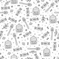 Vector seamless pattern with candies, cupcakes, spoons, flowers