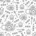 Vector seamless pattern with outline candies, cupcakes, spoons