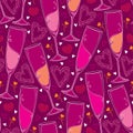 Vector seamless pattern with outline champagne glass and pink hearts on the maroon background. Pattern in contour style.