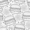 Vector seamless pattern with outline cheeseburger or burger with cheese, hearts and drops in black on the white background.