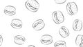 Vector seamless pattern with outline cheeseburger or burger with cheese, hearts and drops in black on the white background