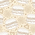 Vector seamless pattern with outline cheeseburger or burger with cheese, hearts and drops on the pastel beige background.