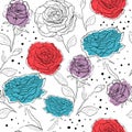 Vector seamless pattern with outline decorative roses. Beautiful floral background, neutral texture. Can be used for Royalty Free Stock Photo