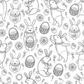Vector seamless pattern with outline Easter rabbits, egg, basket and flowers on the white background. Cute cartoon bunny and eggs. Royalty Free Stock Photo