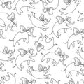 Vector seamless pattern with outline flying elephant with ornate butterfly wings on the white background. Cartoon cute elephants. Royalty Free Stock Photo