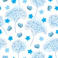 Vector seamless pattern with outline Forget me not or Myosotis flower bunch and bud in pastel blue on the white background. Royalty Free Stock Photo