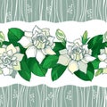 Vector seamless pattern with outline Gardenia flower in pastel color. Ornate bud and green leaves on the white background.