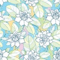 Vector seamless pattern with outline Gardenia flower in pastel color. Ornate bud and leaves on the textured pastel background.