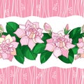 Vector seamless pattern with outline Gardenia flower in pastel pink color. Ornate bud and green leaves on the white background.
