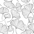 Vector seamless pattern with outline Gingko or Ginkgo biloba leaves in black on the white background. Floral pattern with Gingko.