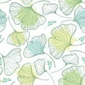 Vector seamless pattern with outline Gingko or Ginkgo biloba leaves and blot in pastel green on the white background.