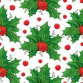 Vector seamless pattern with outline green leaves and red berries of Ilex or European Holly on the white background.