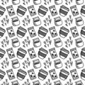 Vector seamless pattern. Outline Illustrations of reusable cups. Coffee and tea mugs for take away drinks. For