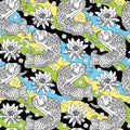 Vector seamless pattern with outline koi carp and lotus or water lily on the background in black, yellow, green and blue. Royalty Free Stock Photo