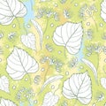 Vector seamless pattern with outline Linden or Tilia or Basswood flower bunch, bract, fruit and ornate leaf.