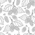 Vector seamless pattern with outline Mulberry or Morus bunch with berry and leaf in black on the white background.