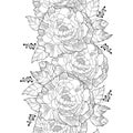 Vector seamless pattern with outline peony flower and ornate leaf in black on the white background. Floral vertical peony border.