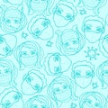 Vector seamless pattern with outline of people wearing medical protective mask and molecules of microbes, viruses, bacteria. Royalty Free Stock Photo