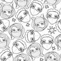 Vector seamless pattern with outline of people wearing medical protective mask and molecules of microbes, viruses Royalty Free Stock Photo