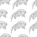 Vector Seamless Pattern, Outline Pizza Slices on White Background, Black and White Hand Drawn Illustration. Royalty Free Stock Photo