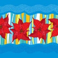 Vector seamless pattern with outline Poinsettia flower or Christmas Star in red and colorful stripes on the blue background. Royalty Free Stock Photo