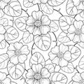 Vector seamless pattern with outline Primula or Primrose flower and leaf in black on the white background. Floral pattern. Royalty Free Stock Photo