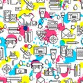 Vector seamless pattern with outline printing icons, watercolor blots and splashes.